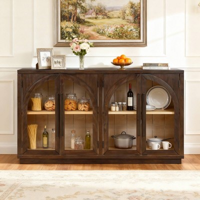 Luxystar 4-Door Sideboard Buffet Cabinet with Large Storage, Glass Doors and Adjustable Shelves for Dining and Living Room, Espresso
