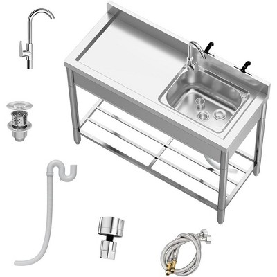 21"x20"x37" free-standing stainless steel sink with 360° rotating faucet, hot/cold water supply, and storage rack for kitchens and outdoor use.
