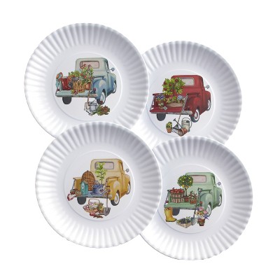 Lakeside Melamine Floral Truck Dinner and Salad Serving Plates - Set of 4