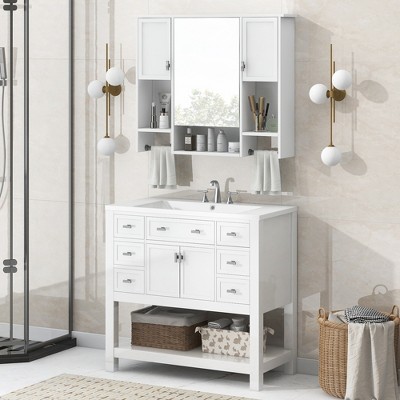 YOOCOZZ ﻿ 36'' Bathroom Vanity with Top Sink,2 Soft Closing Doors and 6 Drawers,Mirror Cabinet with Towels Bar