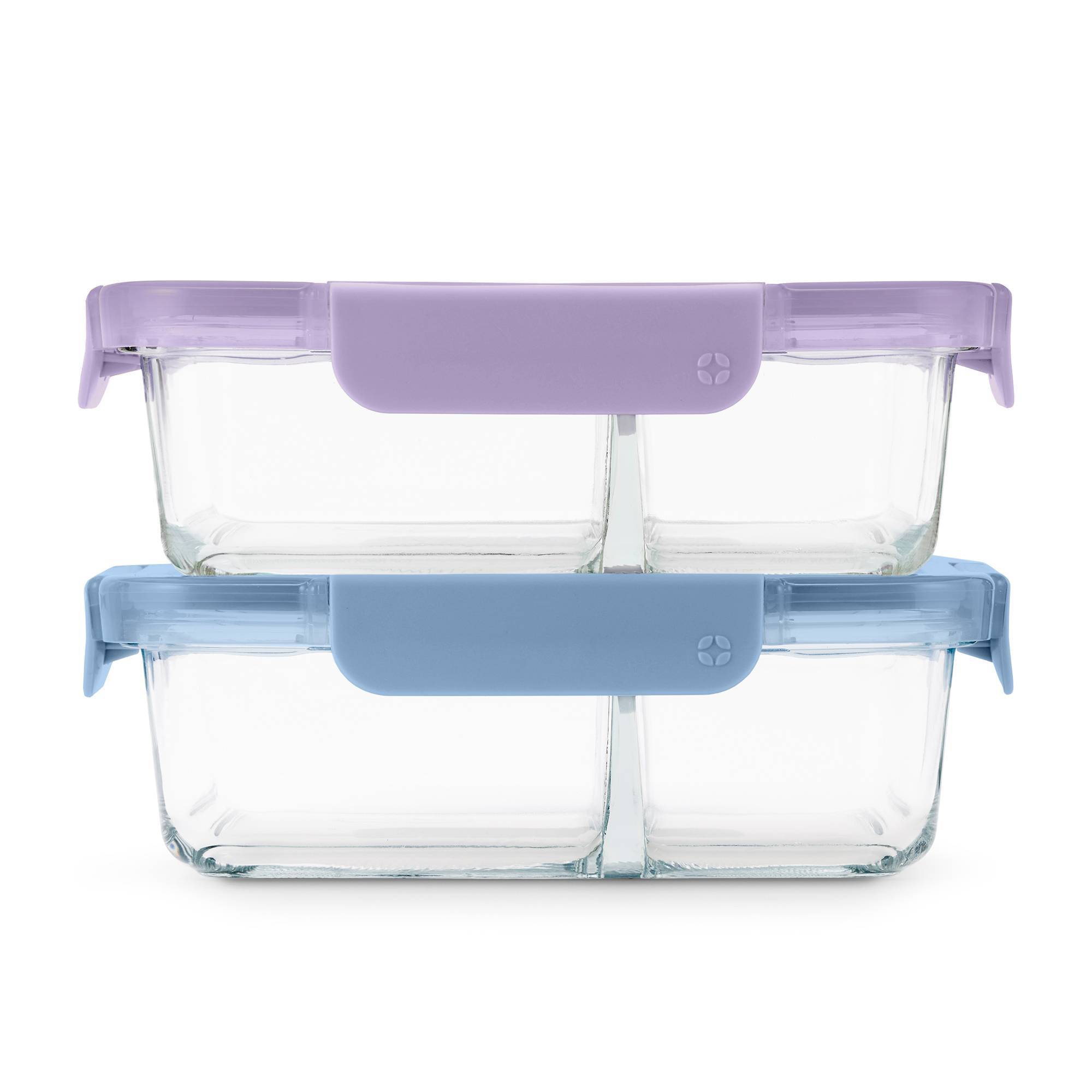 Ello Color Lock Glass 3.4c 2pk Divided Meal Prep Food Storage Container Set Purple/Blue