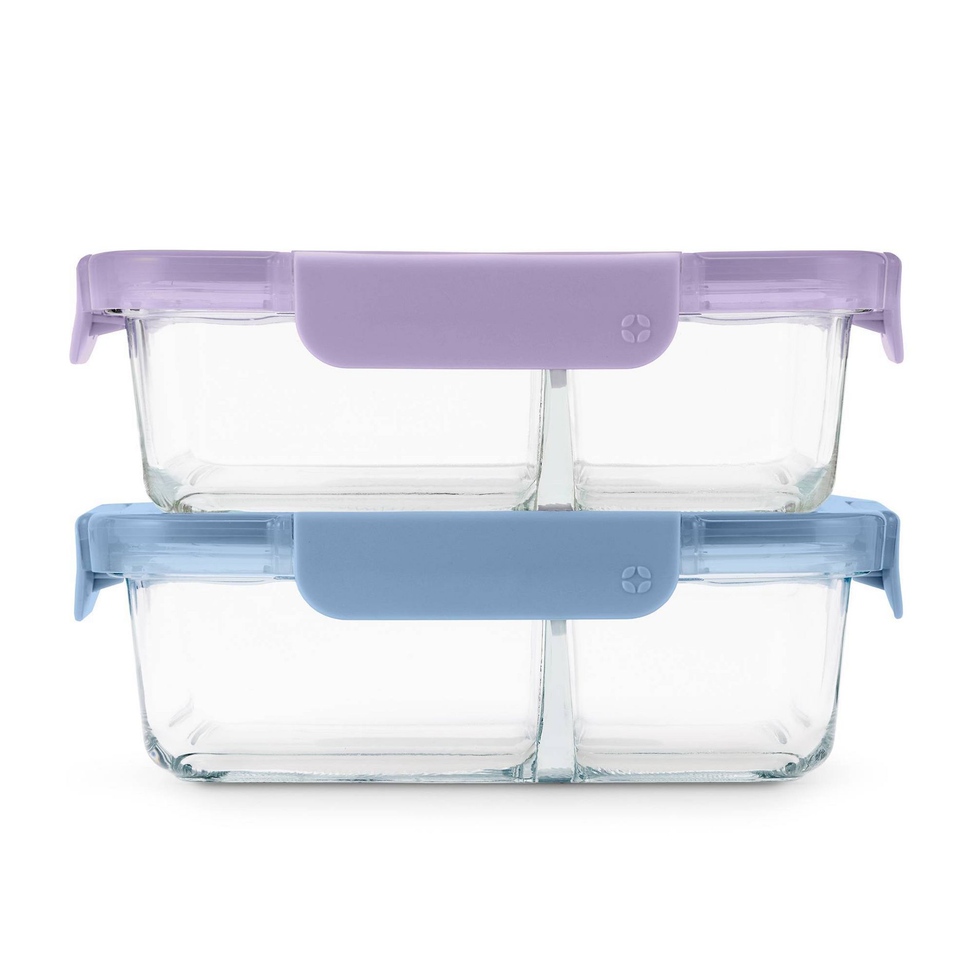 Ello Color Lock Glass 3.4c 2pk Divided Meal Prep Food Storage Container Set Purple/Blue