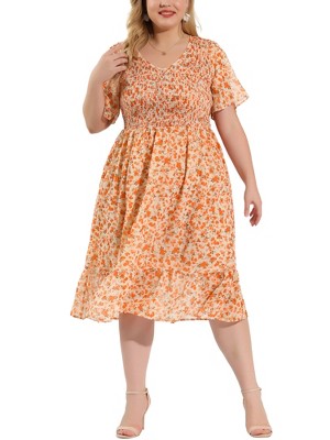 Agnes Orinda Women's Plus Size Elegant Smocked Chiffon Floral Midi A Line Dresses
