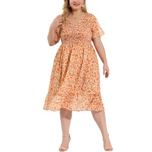Agnes Orinda Women's Plus Size Elegant Smocked Chiffon Floral Midi A Line Dresses - 1 of 4