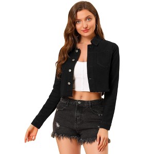 Allegra K Women's Turn Down Frayed Button Down Washed Cropped Denim Jacket - 1 of 4