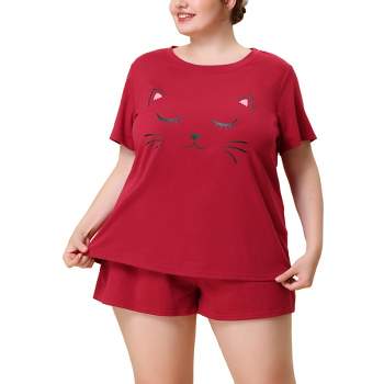 Agnes Orinda Women's Plus Size Comfort Cute Cat Print Short Sleeve Pajama Set
