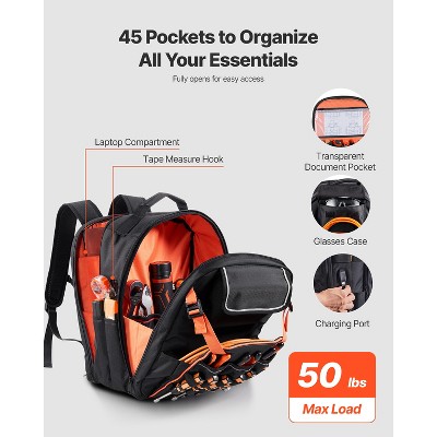 VEVOR Tool Backpack, 45 Pockets, Heavy-duty Tools Storage Organizer Work Bags with Laptop Compartment & Reinforced Fabric Basee, Black+Orange — фото 3