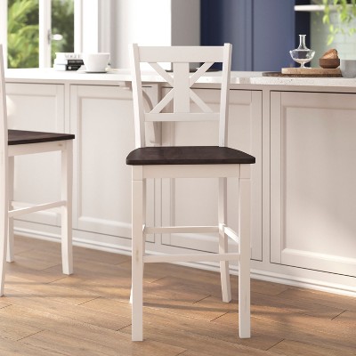 Set of 2 White and Dark Brown Solid Wood Barstools with Footrest