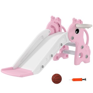 Qaba 3-in-1 Toddler Slide, Kids Slide with Climber, Basketball Hoop and Ball, Giraffe Shape Freestanding Playset for Indoor Kids 1-3 Years - 1 of 4
