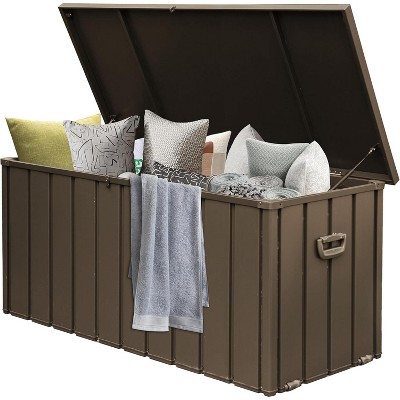 BI&SEA 110-gallon lockable resin deck box, waterproof outdoor storage box, suitable for patio furniture,pool accessories, Brown, Blow molded