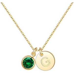 Personalized Birthstone Necklace 14K Gold Plated Initial Disc Jewelry Gift - 1 of 4