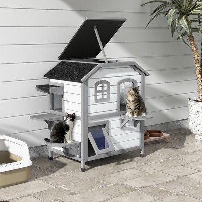 White and Gray Wooden 2-Story Outdoor Cat House with Platforms