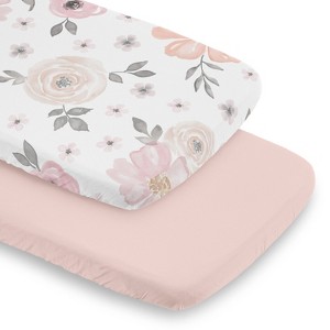Sweet Jojo Designs Girl Baby Bassinet Fitted Sheets Set Watercolor Floral Pink Grey and White 2pc - 1 of 4