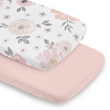 Sweet Jojo Designs Girl Baby Bassinet Fitted Sheets Set Watercolor Floral Pink Grey and White 2pc