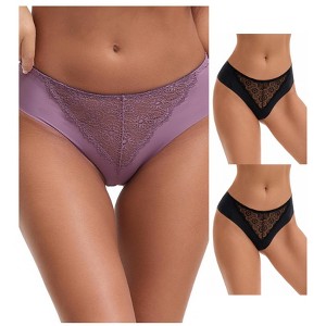 INSPIRE CHIC Women's Mid Waisted Briefs Smooth Silky Panties Soft Lace Breathable Underpants 3 Packs - 1 of 4
