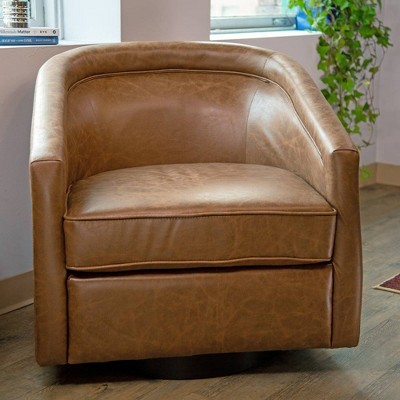 Walnut Faux Leather Swivel Barrel Chair with Metal Base