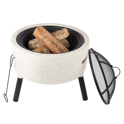 Pure Garden 21" Magnesium Oxide Round Outdoor Fire Pit Set Light Gray: Includes Poker & Cover, Easy Assembly