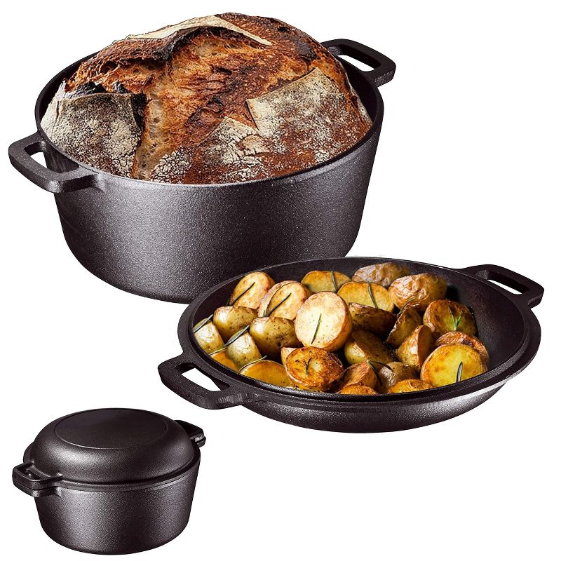 Bruntmor Black 2-in-1 Enamel Cast Iron Dutch Oven & Skillet Set | All-in-One Cookware for Induction, Electric, Gas, Stovetop & Oven, 4 of 5