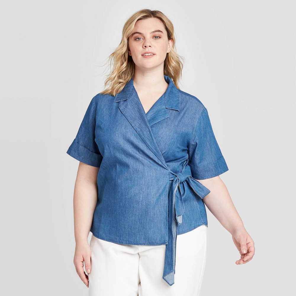 Women's Plus Size Short Sleeve Tie Front Blouse - Who What Wear Indigo 2X, Women's, Size: 2XL, Blue was $29.99 now $20.99 (30.0% off)