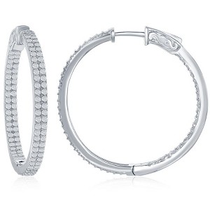 Bella Silver Sterling Silver 3x35mm Inside-Outside Double Row CZ Hoop Earrings - Silver - 1 of 2
