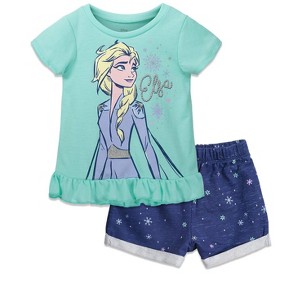 Disney Frozen Moana Princess Tiana Floral Peplum T-Shirt and French Terry Shorts Outfit Set Toddler to Big Kid - 1 of 4