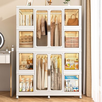 VYNXARIA Portable Wardrobe Closet Storage Organizer for Clothes,12 Magnetic Doors-12 Cubes&2 Hanging Rod,16 pcs hangers,White