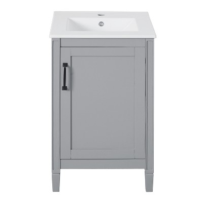 Vynxaria 20-Inch Gray Bathroom Vanity - Ceramic Sink, Soft-Close Door, Adjustable U-Shelf - Modern Freestanding for Small Bathrooms