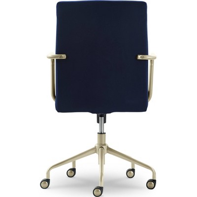 Mid-Century Modern Velvet Navy Blue Executive Swivel Chair with Gold Metal Trim