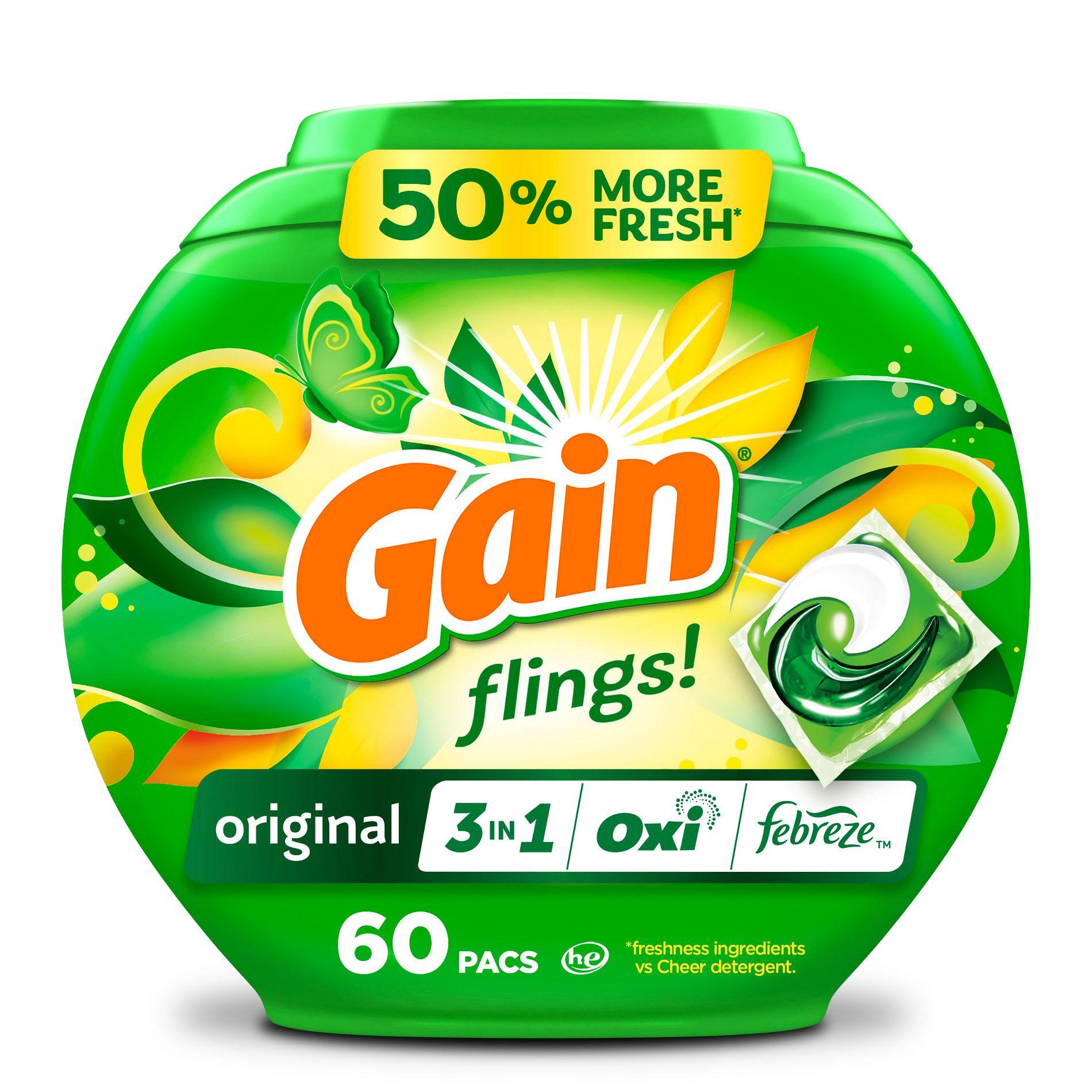 Gain flings! Original 3 in 1 Oxi & Febreze HE Concentrated Laundry Detergent Pods 60 Pacs - 40oz