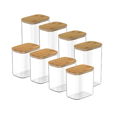 OU Food Storage Container Set 16pc (set of 8) Clear Airtight Plastic Containers, Leak Proof Bamboo Lids, Stackable Kitchen Pantry Organizer Jars