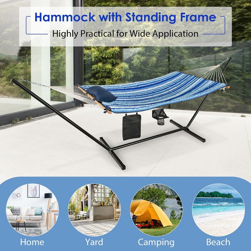 Costway Hammock Chair Stand Set Cotton Swing w/ Pillow Cup Holder Indoor Outdoor, 5 of 11