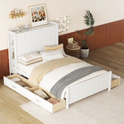 NicBex Full Size Platform Bed 89.6" L Modern Wooden Bed Frame with Storage Headboard and 4 Drawers for Bedroom, No Box Spring Required
