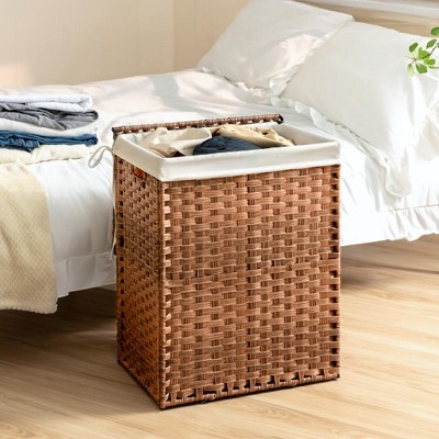 Laundry Hamper with Lid, Synthetic Rattan Clothes Laundry Basket with Lid and Handles, Foldable, Removable Liner