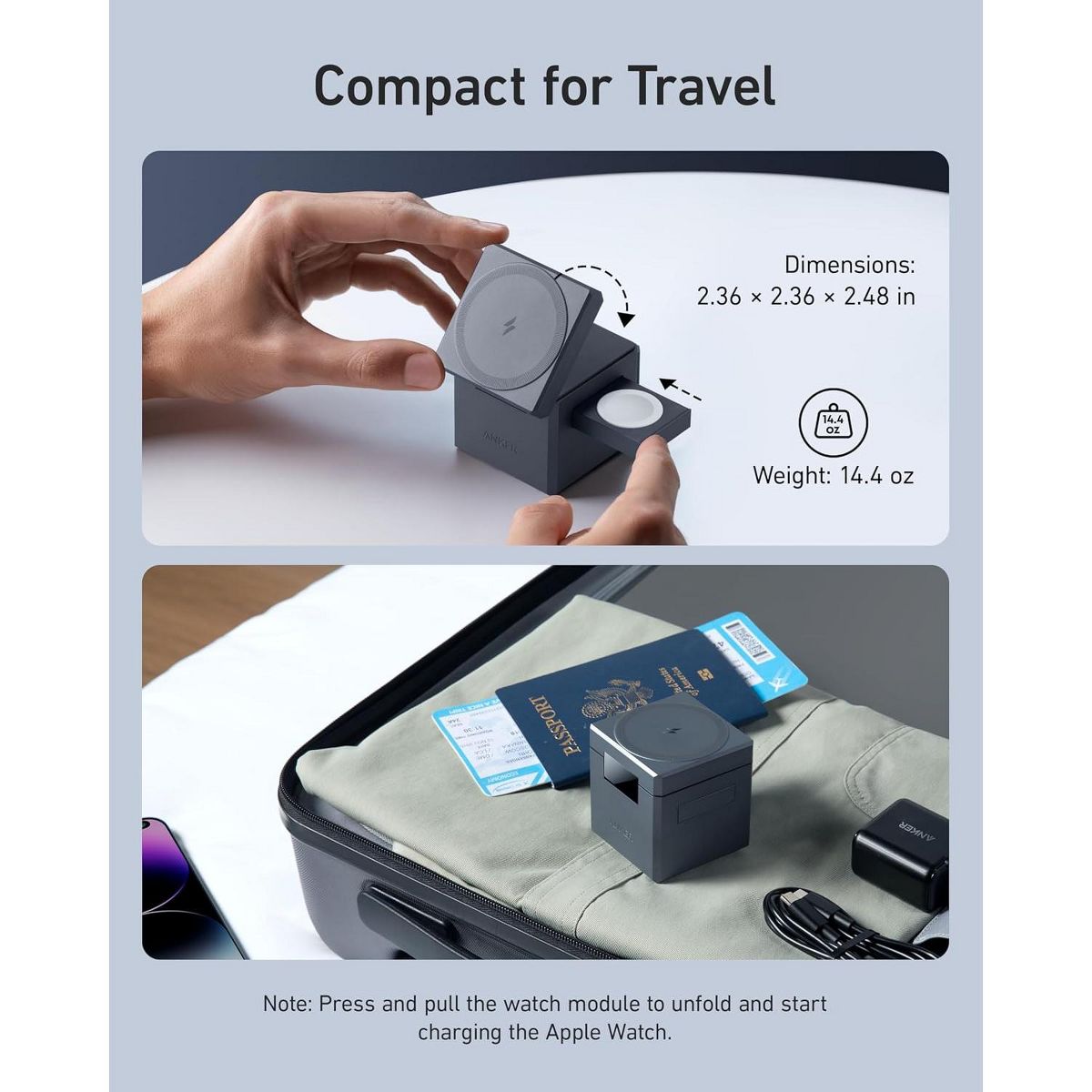 Refurbished Anker 3-in-1 Cube MagSafe 15W Charging Station, Wireless Charger, Desktop Stand for iPhone 17/16, Apple Watch, AirPods (Adapter Included) - thumbnail 4