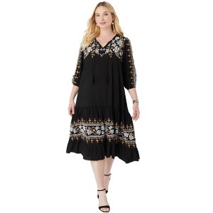 Roaman's Women's Plus Size Tiered Embroidered Dress - 1 of 4