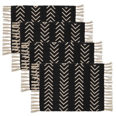 Black Cotton Geometric Fringe Placemats, Set of Four