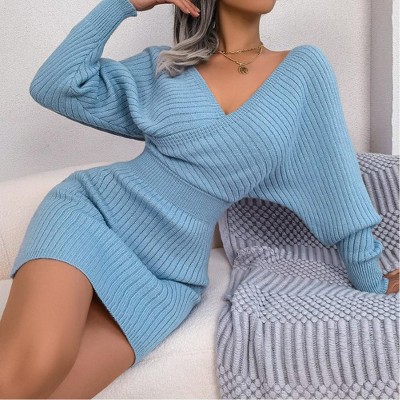 Coolmee Women's Wrap V Neck Sweater Dress Rib Knit Batwing Dresses