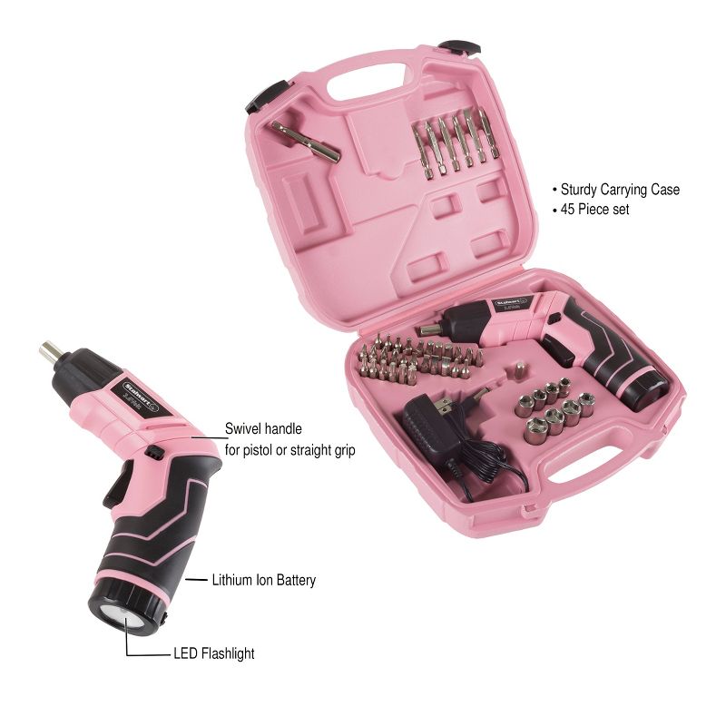 Fleming Supply Pivoting Cordless Power Tool Set - 45 Pieces, Including Screwdrivers, Bits, Sockets, and Case - Pink and Black, 2 of 9