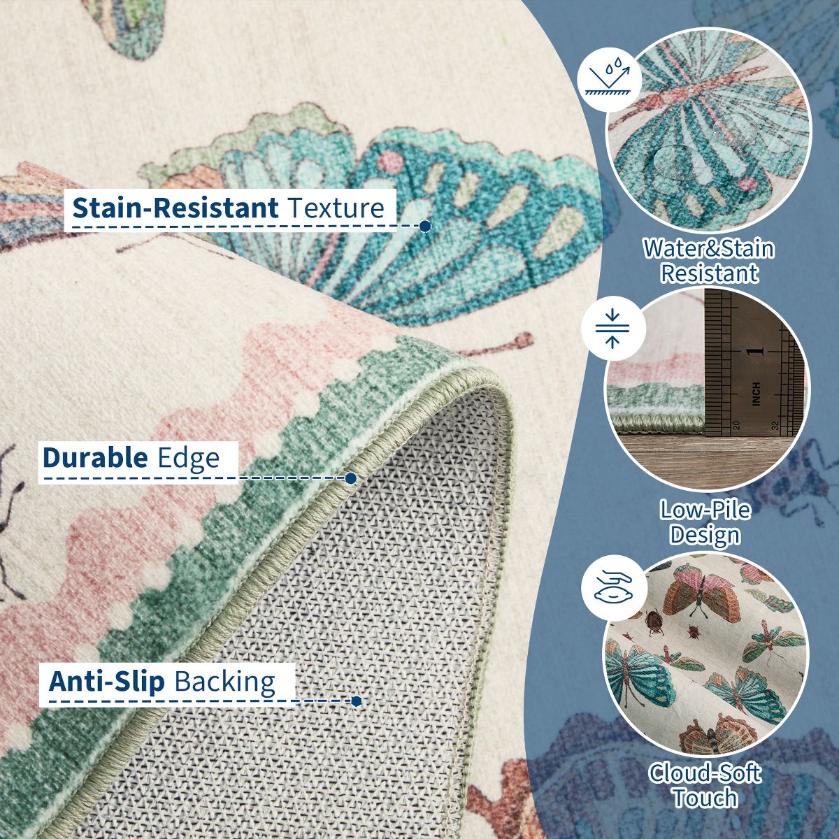 Machine Washable Butterfly Insect Print Area Rug, Non-Slip TPR Backing, Soft Polyester Low-Profile Rug for Living Room Bedroom - thumbnail 4