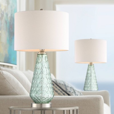 Seafoam Green Glass Table Lamps with Off-White Shades, Set of 2