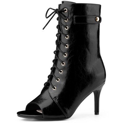 BLISSFUL STEP Women's Lace Up Peep Toe Stiletto Heel Ankle Boots