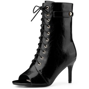 BLISSFUL STEP Women's Lace Up Peep Toe Stiletto Heel Ankle Boots - 1 of 4