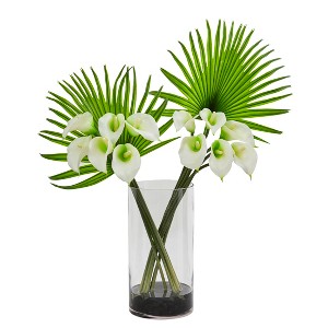 Nearly Natural Calla Lily and Fan Palm Artificial Arrangement in Cylinder Glass Vase, Cream - 1 of 4