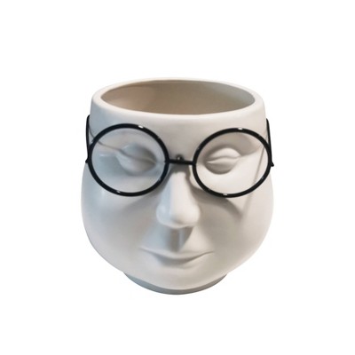 Sagebrook Home 7" Stoneware Face with Glasses Planter White