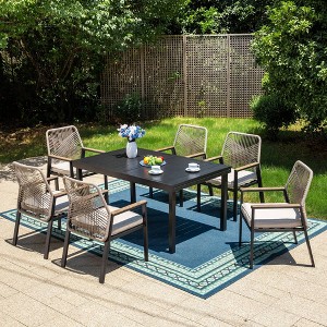 Captiva Designs 7pc Patio Expandable Steel Dining Table and Fixed Wicker Chairs with Thick Cushions - 1 of 4
