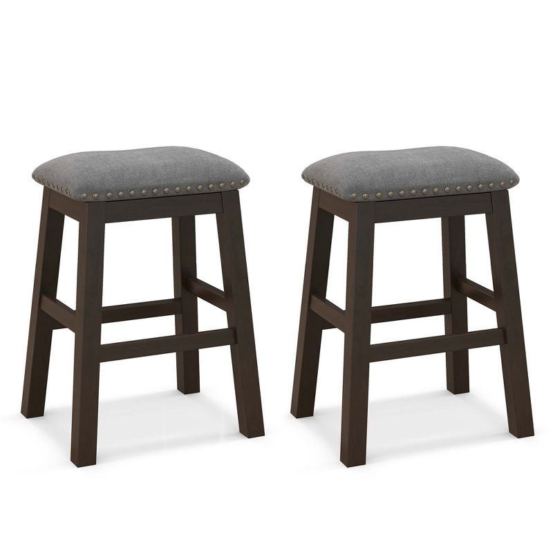 Costway Set of 2 Upholstered Saddle Bar Stools 24.5'' Dining Chairs with Wooden Legs Gray, 1 of 11