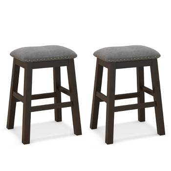 Costway Set of 2 Upholstered Saddle Bar Stools 24.5'' Dining Chairs with Wooden Legs Gray
