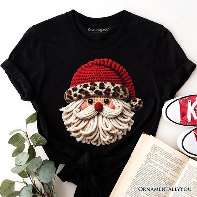 Santa Leopard Hat Christmas T-Shirt, Imitation Latch Hook Yarn Cozy Tee | OrnamentallyYou