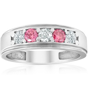 Pompeii3 1 Ct T.W. Pink & White Lab Created Diamond Mens Wedding Ring 5-Stone White Gold - 1 of 4