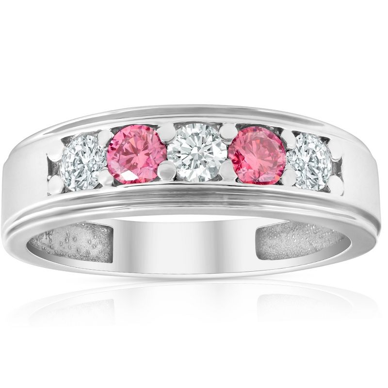 Pompeii3 1 Ct T.W. Pink & White Lab Created Diamond Mens Wedding Ring 5-Stone White Gold, 1 of 5